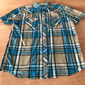 Roebuck & Co Western Shirt Men L Blue Plaid Snap Button Up Pocket Short Sleeve